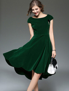 Manches courtes haute basse Skater velours robe féminine ronde cou Fit et Flare Midi robe