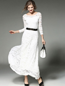 Illusion 3/4 Sleeve dentelle maxi robe Bodycon blanc féminin Round Neck Tierd longue robe