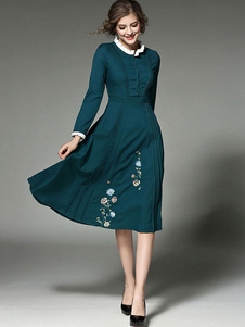 Longues manches robe féminine fleur volant brodé col plissé robe Midi