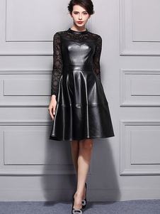 Robe en dentelle noire tour de cou à manches longues Slim Fit plissé robe patineuse