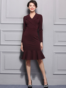 Les pois sirène robe Bodycon manches longues V cou féminin imprimé volants genou longueur robe