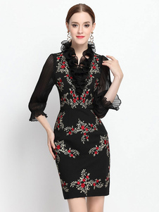 Robe Bodycon Half Sleeve brodé volants robe d’été noire