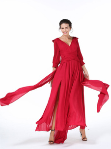 Robe Maxi rouge mousseline de soie V Manche 3/4 longueur manches Découpez robe longue fente hiérarch