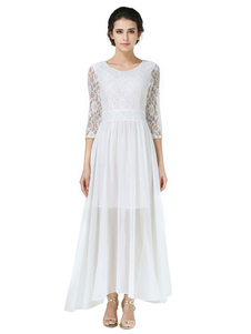 Mousseline de soie robe Maxi blanc rond Manche 3/4 longueur manches longue robe plissée