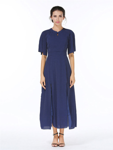Bleu foncé en mousseline de soie robe Maxi rond Neck Short Sleeve Polka Dot robe longue fente