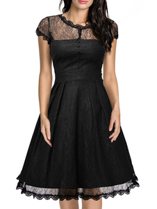 Illusion de la dentelle noire robe manches courtes femme rond col V dos plissé robe patineuse