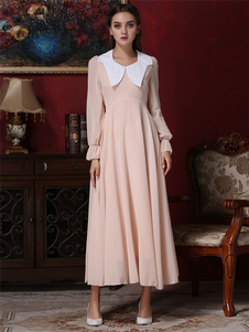 Robe longue manches longues plissé collet couverture rose clair de mousseline de soie robe Maxi