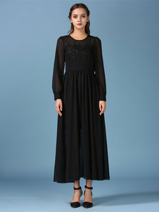 Mousseline de soie robe Maxi noire tour de cou à manches longues plissé robe longue pour les femmes