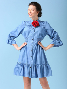 Denim robe patineuse bleue ronde cou Bell 3/4 longueur manches Slim Fit Ruffle Hem Flare robe