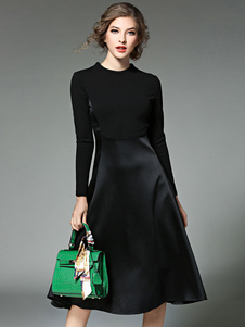 Robe noire Patchwork à manches longues Crewneck femmes Slim Fit robe Midi