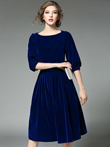 Blue Velvet robe Half Sleeve féminine col rond plissé une ligne robe