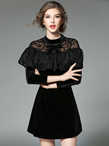 Illusion dentelle volant gaine courte robe velours robe Bodycon Long manches féminines noire