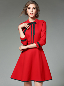 Robe rouge Skater embelli col Half Sleeve Slim Fit Flare robe avec Bow
