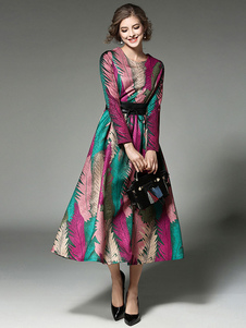 Robe Maxi plumes femmes imprimé manches longues tour cou cravate taille robe longue