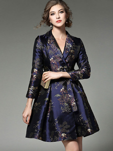 Manches longues robe à fleurs jacquard V cou féminin s’adapter et Flare robe patineuse bleu profond