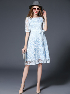 Illusion des femmes robe de dentelle bleue moitié manches cou hiérarchisé Fit et Flare robe patineus