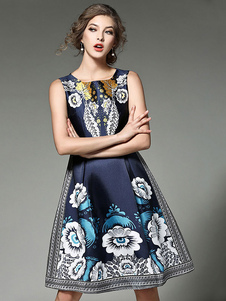 Bleu foncé col rond de la femme sans manches imprimé Floral robe plissé s’adapter et Flare robe pati