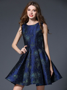 Skater robe bleu profond des femmes autour de cou sans manches Jacquard Flare plissé robe