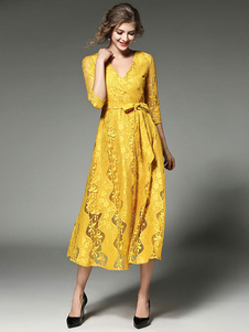 Half Sleeve Illusion longue robe dentelle maxi robe jaune V cou féminin avec ceinture
