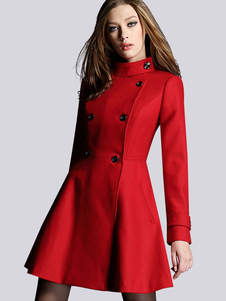 Col montant Double Breasted manches longues Flare robe manteau manteau en laine rouge féminin