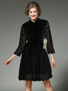 Dentelle noire Robe col Turndown manches longues découper Slim Fit robe patineuse