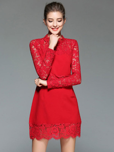 Robe courte de dentelle rouge robe Bodycon féminin manches longues Illusion
