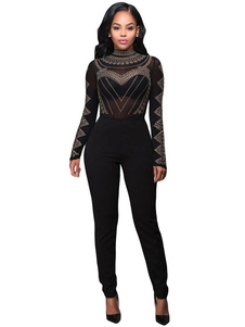 Combinaison Sexy noire col haut manches longues perlé Slim Fit jambe maigre Jumpsuit