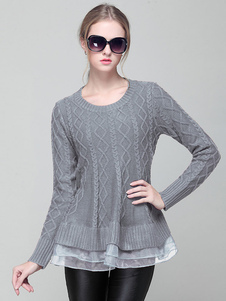 Câble tricot pull Patchwork d’Organza gris manches longues tour de Pullover Sweater cou féminin