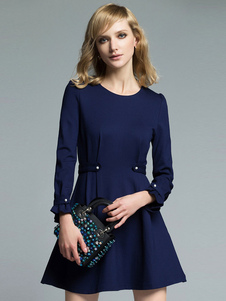 Skater robe bleu foncé femmes ronde cou volants manches longues cloutés Slim Fit court robe plissée