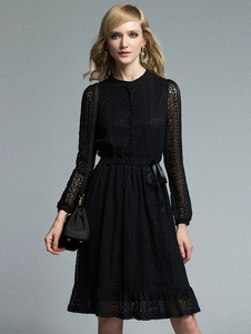 Robe en dentelle noire tour de cou à manches longues Drawstring Slim Fit plissé robe patineuse pour 