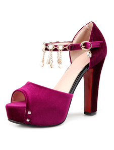 Plateforme talons Nubuck violet Peep Toe perlé talon Chunky sandale chaussures