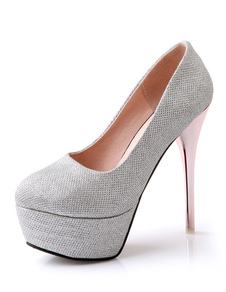 Slip orteil rond argent paillettes talons plateforme féminine sur pompes talon aiguille