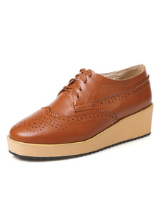 Plate-forme Oxford chaussures Brogue Lace Up chaussures occasionnelles de Heel Wedge marron clair