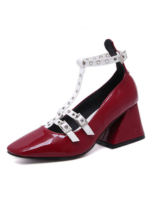 Chunky rouge talons carrés Toe T sangle cheville Strap pompe chaussures femme