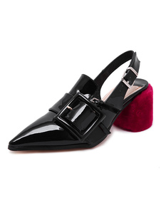 Bout pointu talons Chunky noire bouclée Slingbacks pompe chaussures pour femmes