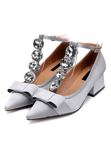 Pompes argent chaussures bout pointu Bow strass T bracelet Chunky talons