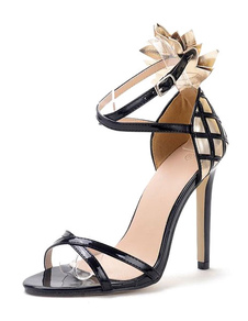 Robe noire sandales Stiletto cheville sangle Open Toe matelassé chaussures d’été à talons hauts pour