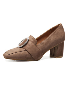 Daim Chunky talons Square Toe boucle pompes chaussures pour femmes