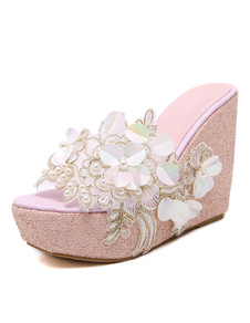 Wedge Mules fleur perle Peep Toe Clog PVC chaussures femme