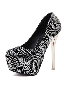 Talons hauts noir plate-forme ronde Toe Zebra impression Slip sur pompes talon aiguille