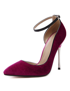 Bout pointu talons velours cheville sangle Stiletto Pumps chaussures pour femmes