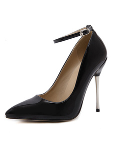 Talons hauts noir bout pointu cheville sangle Cour pompes chaussures en cuir verni Office chaussures