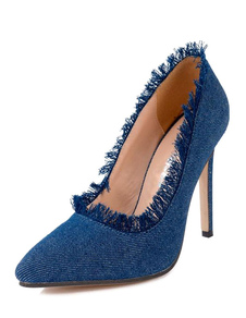 Talons hauts Bleu Denim Tassel a souligné Toe Slip sur pompes chaussures pour femmes
