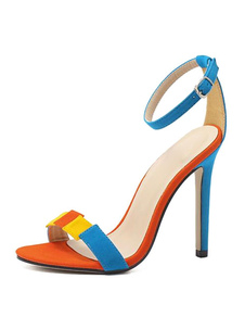 Bleu talons hauts robe sandales Open Toe cheville sangle couleur bloc femmes