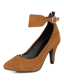 Chaussures en daim talons hauts cheville amande marron clair sangle talon aiguille