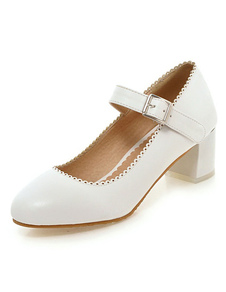 Blanc Mary Jane Chaussures femmes Round Toe talon Chunky