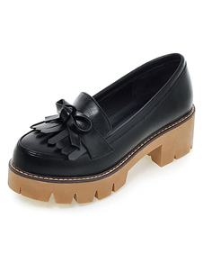 Talons noirs de Chunky plate-forme ronde Toe Bow feuillet sur les pompes pour les femmes