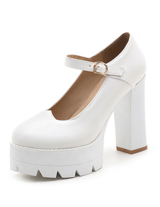 Mary Jane chaussures blanches plate-forme ronde Toe Chunky talon chaussures pour femmes
