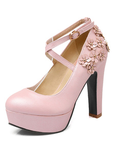 Femmes talons rose plateforme femme ronde Toe cheville bracelet Chunky Heel Pumps