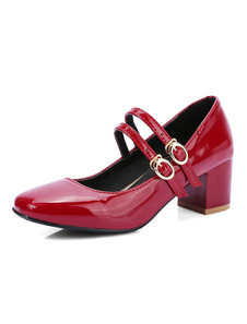 Place rouge Mary Jane chaussures Toe bouclée Chunky Heel Shoes